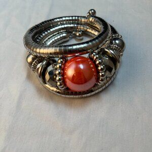 Snake Cuff Bracelet With Large Pearlescent Orange Bead and Silver-Tone Accents